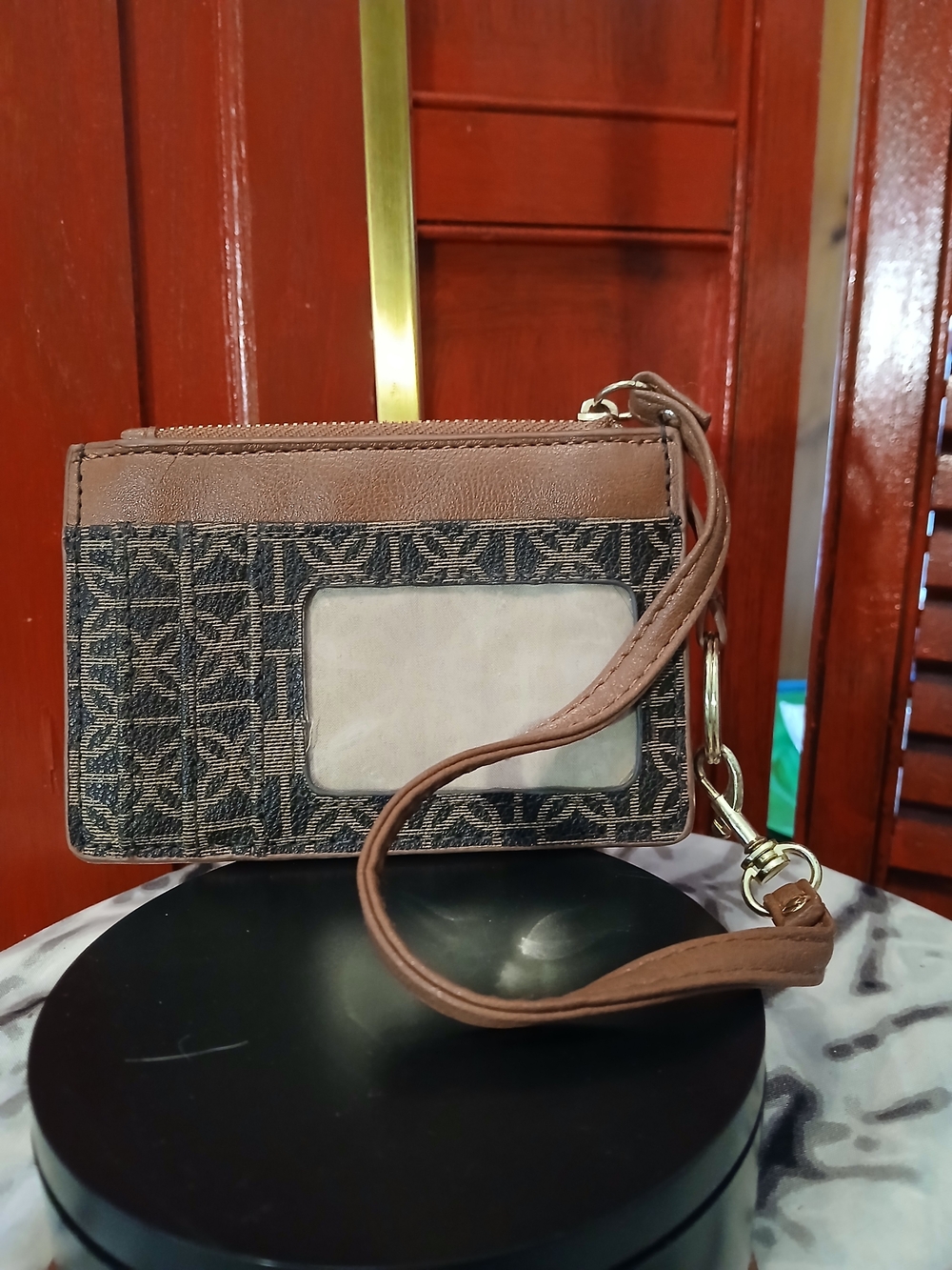 Compact Brown Patterned Wristlet Card Holder